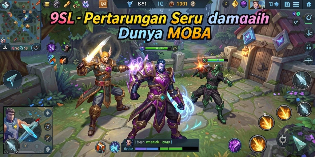 Tangkapan layar 9SL menampilkan pertarungan seru antar karakter MOBA.