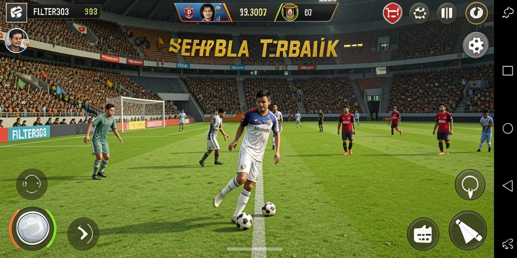 Screenshot gameplay FILTER303 menampilkan aksi seru di lapangan sepak bola.
