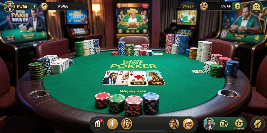 Screenshot gameplay FW66 menampilkan aksi Poker mendebarkan dengan teman-teman.