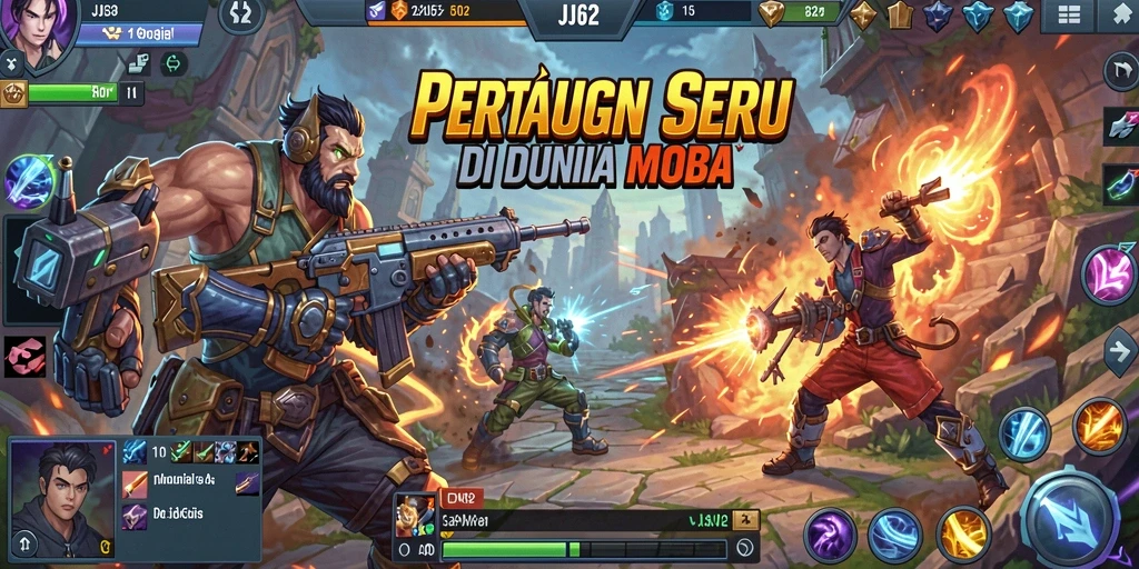 Screenshot gameplay JJ62 dengan pertarungan MOBA yang mendebarkan