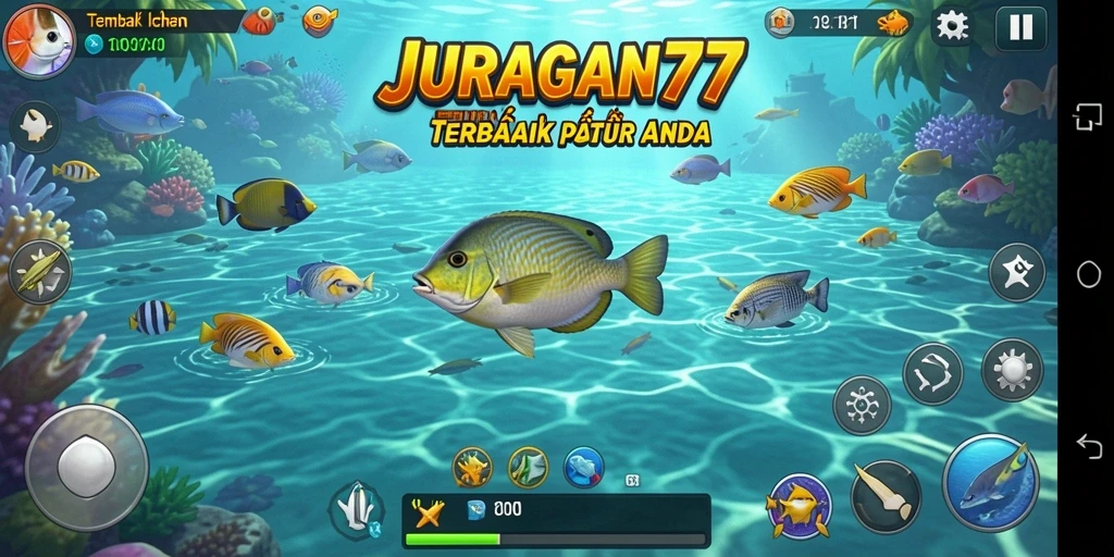 Screenshot gameplay JURAGAN77 menampilkan aksi seru menembak ikan.