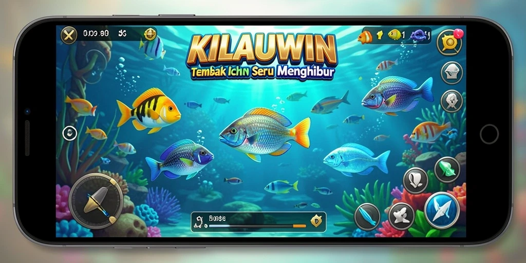 Tangkapan layar utama KILAUWIN menampilkan aksi seru menembak ikan.