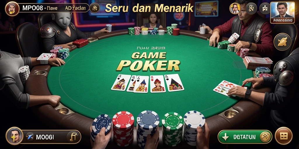 Screenshot gameplay MPO08 yang memperlihatkan suasana di meja poker.