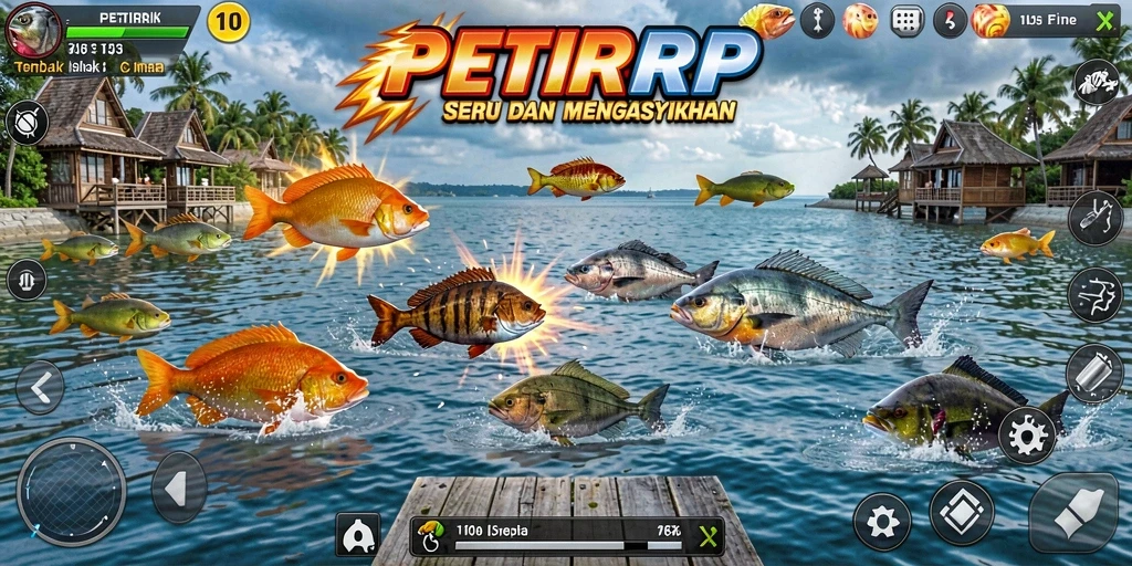 Screenshot utama PETIRRP menampilkan aksi menembak ikan yang seru dan menghibur.