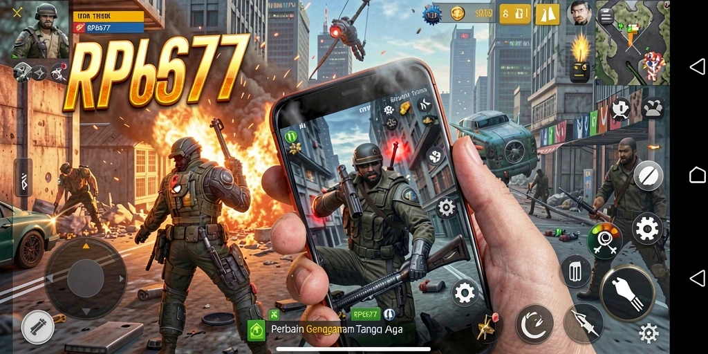 Screenshot utama RP6677 menampilkan aksi tembak-menembak intens.