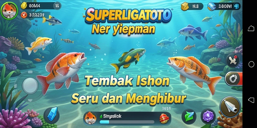 Tangkapan layar gameplay SUPERLIGATOTO yang menampilkan aksi menembak ikan.