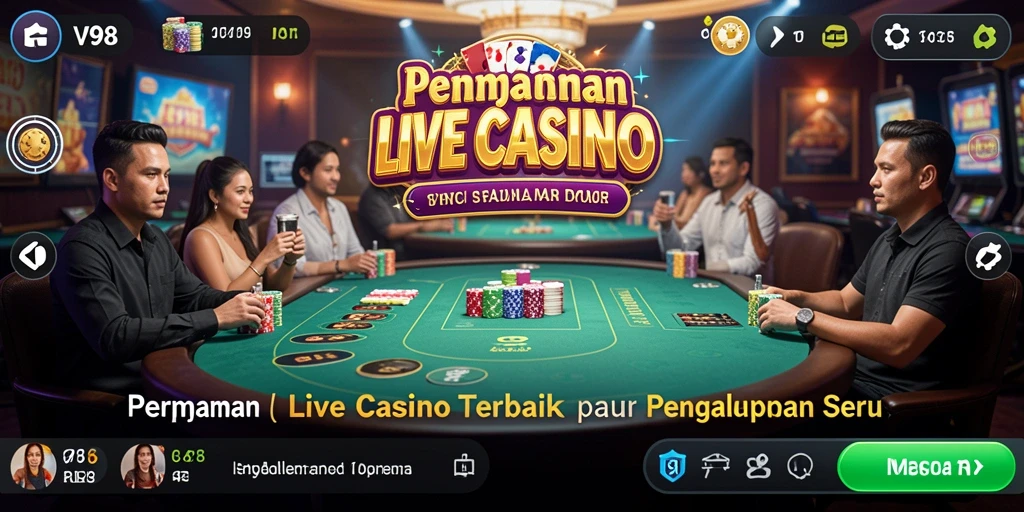 Screenshot utama V98 menunjukkan dealer langsung bermain Roulette.