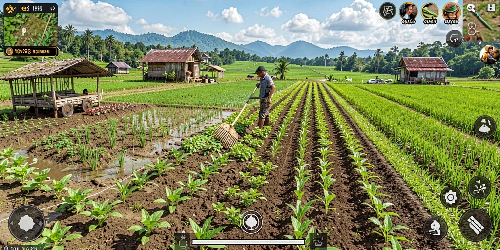 Tampilan gameplay VV62 yang menampilkan ladang hijau dan hewan ternak.